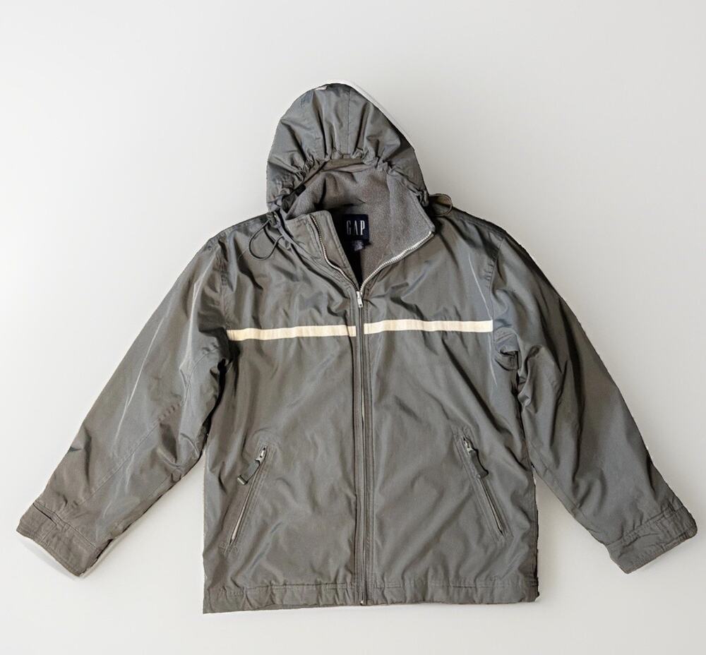 Y2K 2000 GAP Sz S Gray Hooded Jacket Fleece Lined Reflective Outdoor Gorpcore